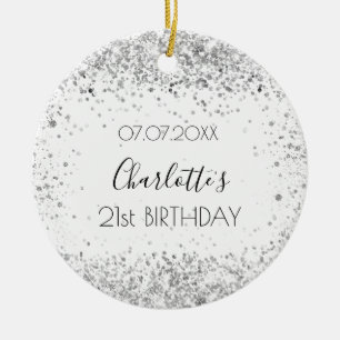 Födelsedag vita vänner silver glitter namn julgransprydnad keramik
