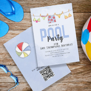 Födelsedag Whimsical Bassäng Party Swimwear QR-kod Inbjudningar