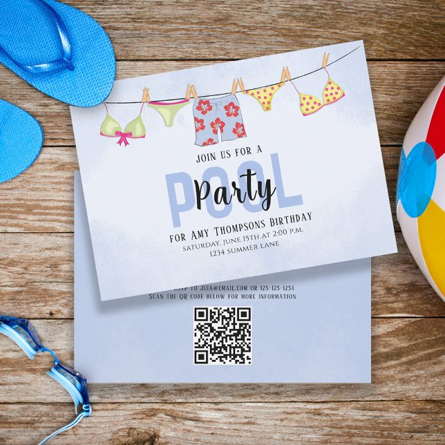 Födelsedag Whimsical Bassäng Party Swimwear QR-kod Inbjudningar (Skapare uppladdad)