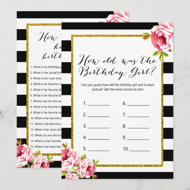 Födelsedag x2 - hur gammal | som känner henne inbjudningar (Fram/baksida)