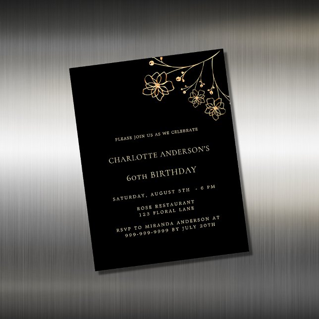 Födelsedagarinbjudan för svart guld blommigt (Skapare uppladdad)
