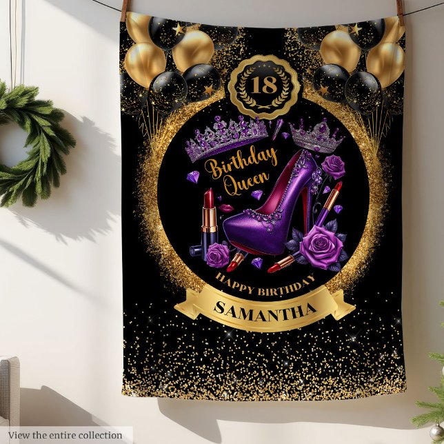 Födelsedagdrottning Högklackar Guld Balloons Lila Fleecefilt (Birthday Queen High Heels Gold Balloons Purple Fleece Blanket)