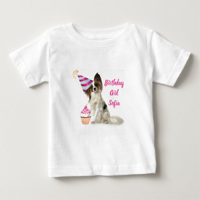 Födelsedagen Flicka med Papillon Hund T-Shirt (Framsida)