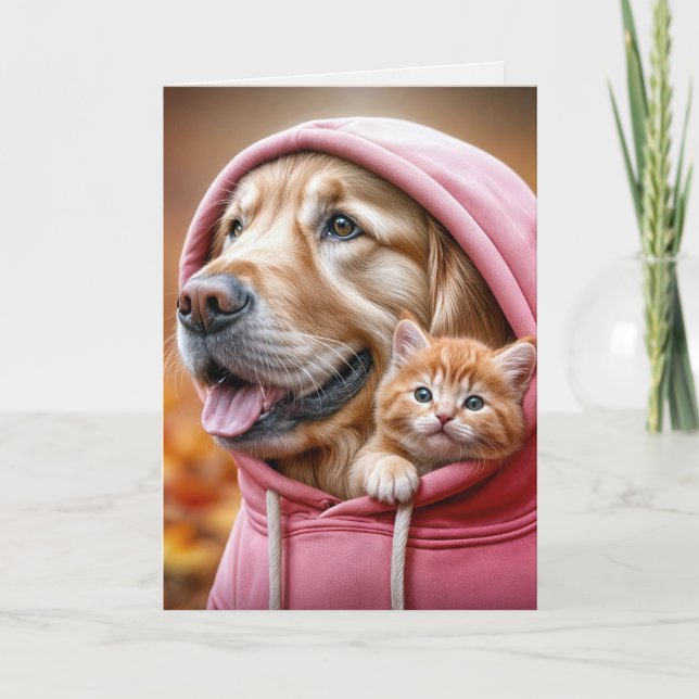 Födelsedagen Golden Retriever och Kitten på hoodie Kort (Framsida)