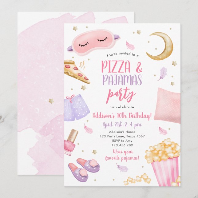 Födelsedagen i Pizza och Pajamas Sleepover Slumber Inbjudningar (Fram/baksida)
