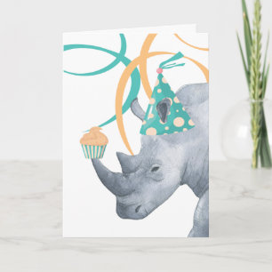 Födelsedagen i Rhino i Party Hat med en cupkaka på Kort