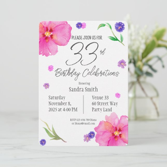 Födelsedagen Inbjudan för | 33:e Party | Blommigte (Stående Fram)