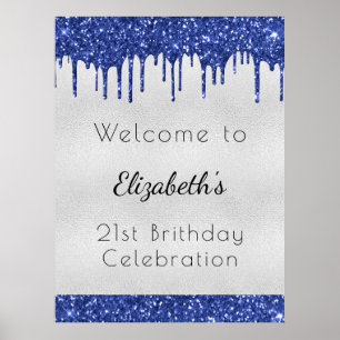 Födelsedagen silver blu glitter droppar i monogram poster