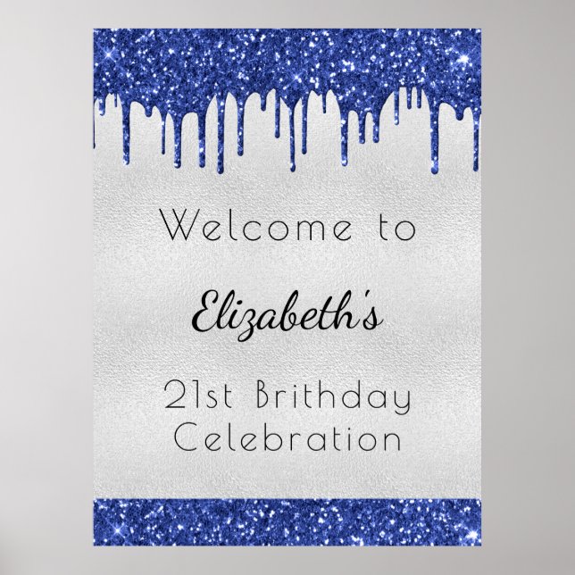 Födelsedagen silver blu glitter droppar i monogram poster (Framsidan)