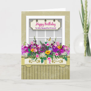 Födelsedagen vännen, blommor i fönster boxas kort
