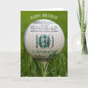 födelsedaggolfboll med hundra dollarräkning kort