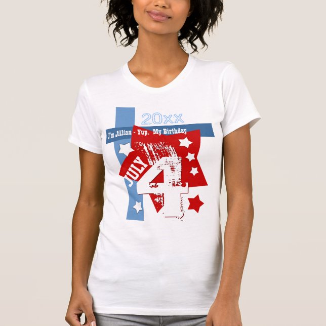 FÖDELSEDAGJuli 4th RÖTT VITT BLÅTT beställnings- T Shirt (Framsida)