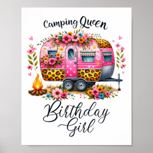 Födelsedags Camping Drottning Camp Rosa Blommig Va Poster