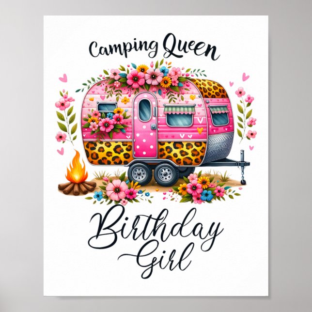 Födelsedags Camping Drottning Camp Rosa Blommig Va Poster (Framsidan)