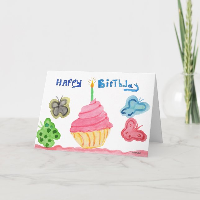 Födelsedags Cupcake och Fjärilar Kort (Framsida)