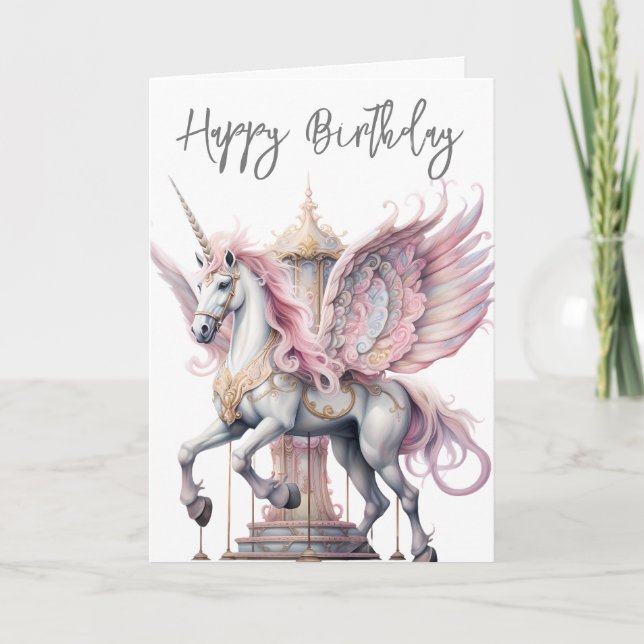 Födelsedags Enhörning Pegasus Karusell Häst Rosa Kort (Framsida)