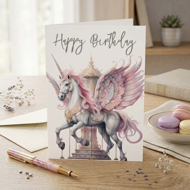 Födelsedags Enhörning Pegasus Karusellhäst Rosa Kort (Skapare uppladdad)