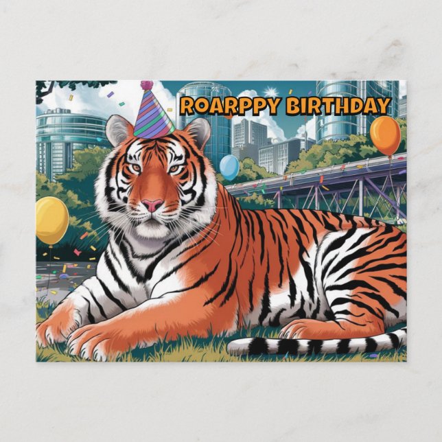 födelsedags hatt slitande bengalisk tiger liggande vykort (Framsida)