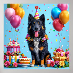 Födelsedags hund med tårta och ballonger poster