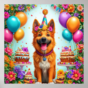 Födelsedags hund med tårta och ballonger poster