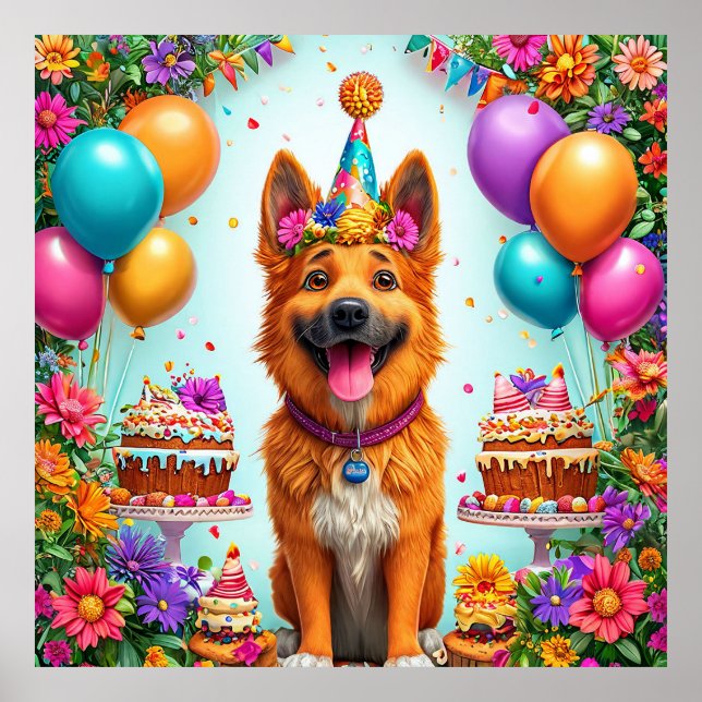 Födelsedags hund med tårta och ballonger poster (Framsidan)