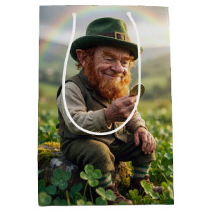 Födelsedags irländsk leprechaun beundrar en guldmy