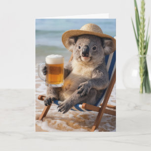 Födelsedags Koala Björn Med en Öl på Stranden Kort