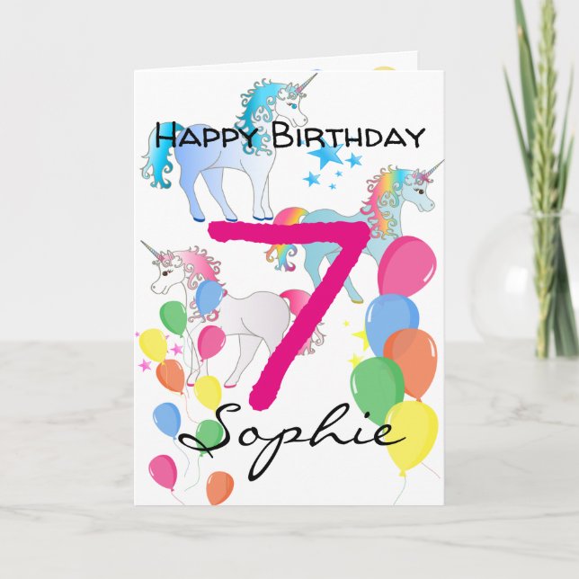 Födelsedags kort för enhörning för 7-årig flicka (Framsida)