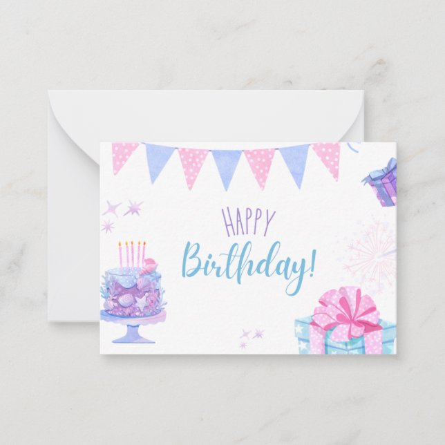 Födelsedags kort med ballonger och tårta (Framsida)