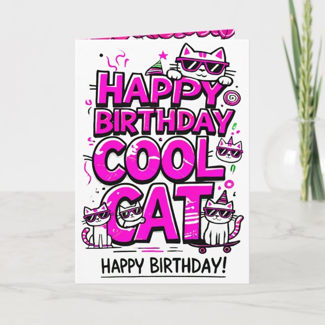 Födelsedags kort med Cool Cat med rosa solglasögon (Framsida)