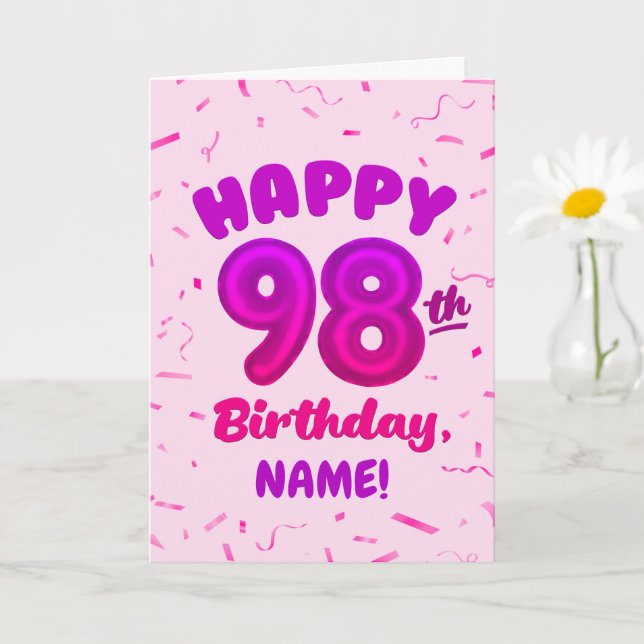 Födelsedags kort med eget namn och 98: e ballongnu (Liten växt)