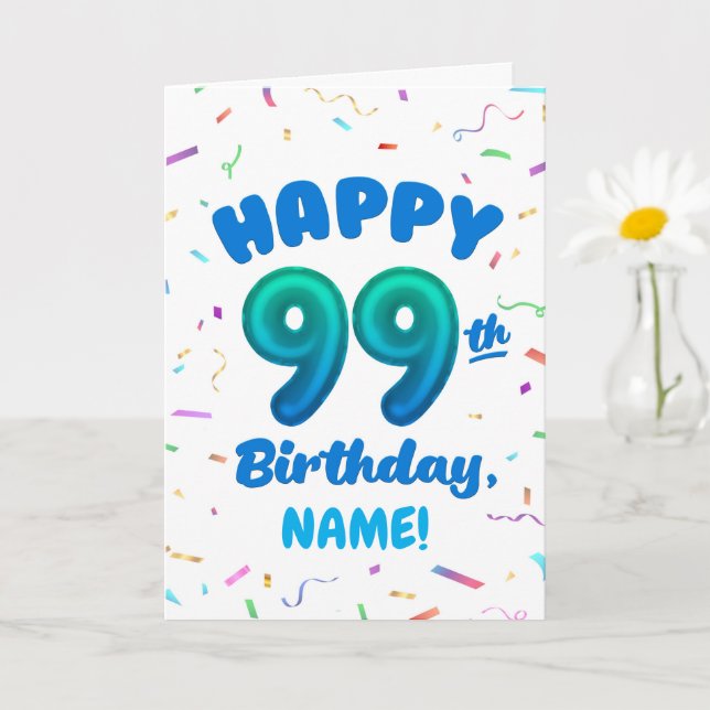 Födelsedags kort med eget namn och 99: e ballongnu (Liten växt)