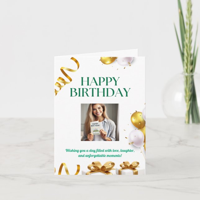 Födelsedags kort med guldballonger, presenter och  (Framsida)