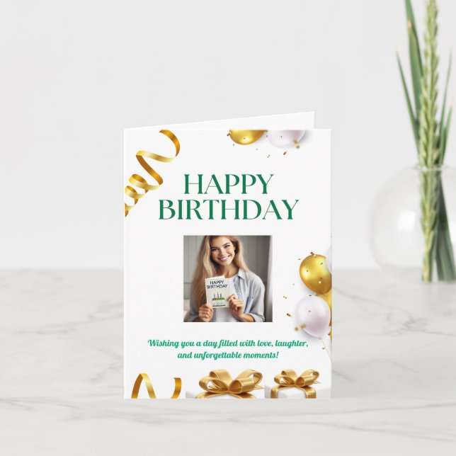 Födelsedags kort med guldballonger, presenter och  (Framsida)