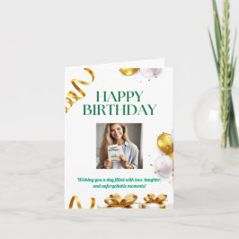 Födelsedags kort med guldballonger, presenter och