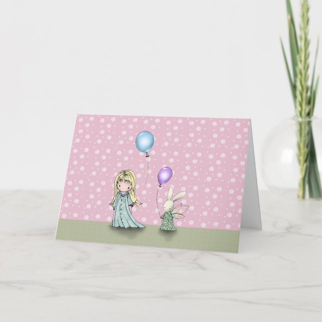 Födelsedags kort med liten flicka och kanin med ba (Framsida)