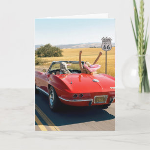 Födelsedags Kvinnor i en Röd 1966 Corvette på Rout Kort