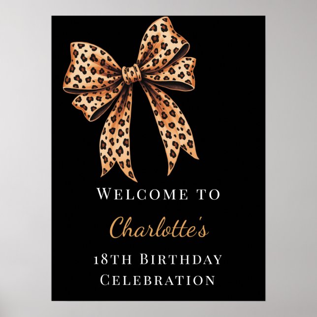 Födelsedags leopardbåge svart välkommen poster (Framsidan)