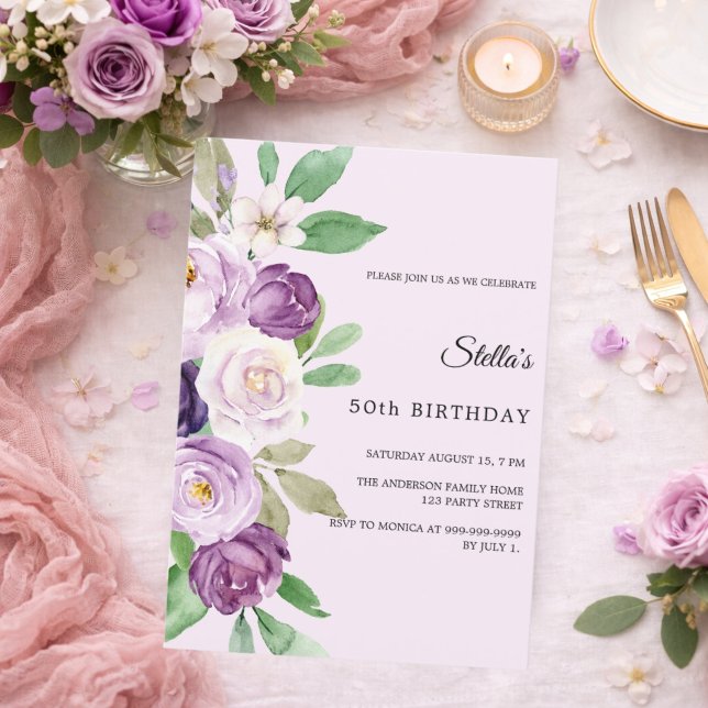 Födelsedags lila lavendelblommor rosafärgad rosa inbjudningar (Skapare uppladdad)