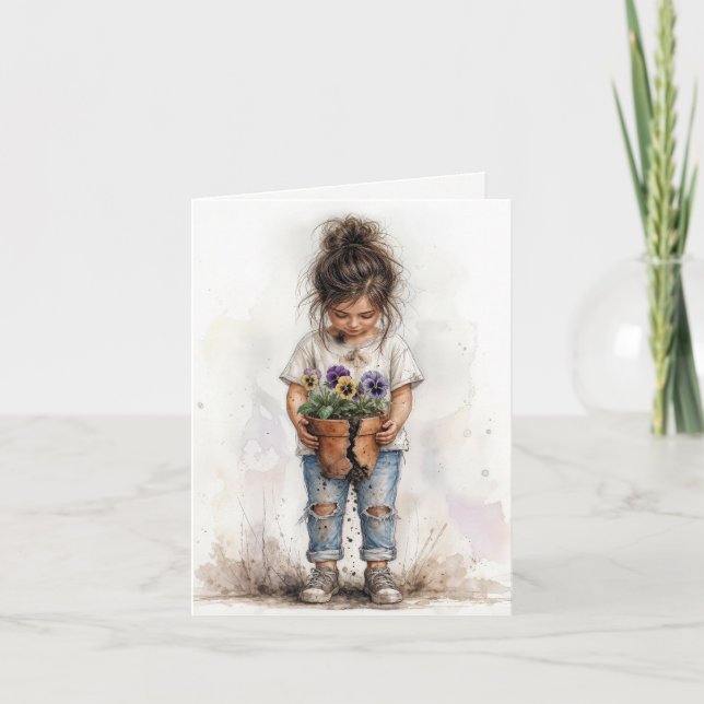 Födelsedags litet tjej med penséer i blomkruka kort (Framsida)