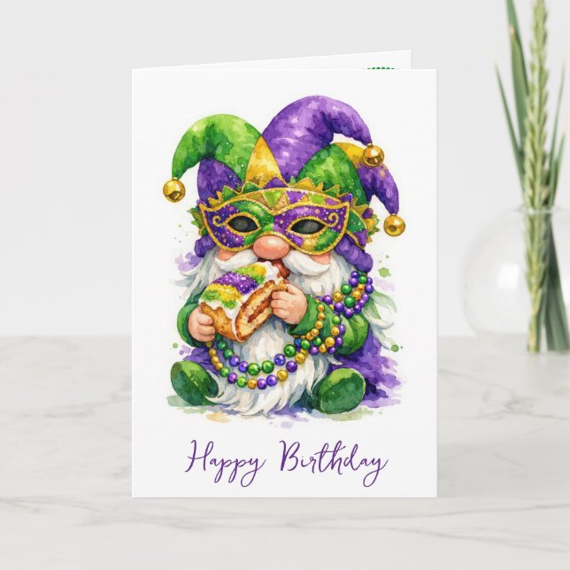 Födelsedags Mardi Gras Tomte som äter King Cake Kort (Framsida)
