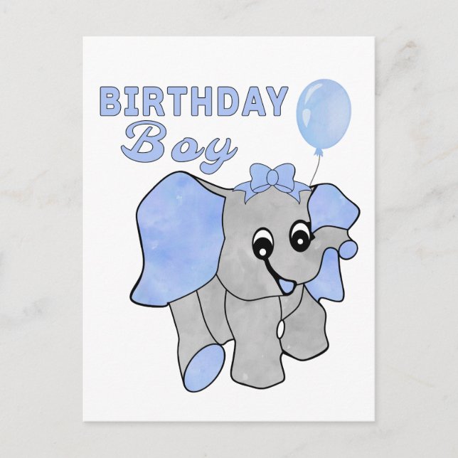 Födelsedags Pojke Blå Bebis Elefant  Vykort (Framsida)