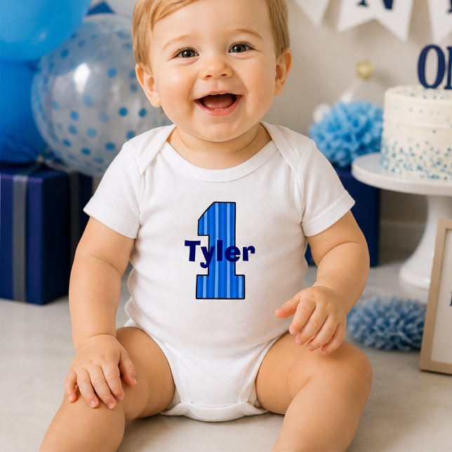 Födelsedags Pojke Med Blå Ränder Ettårsfirande T Shirt (Blue Striped First Birthday Boy Baby Bodysuit)