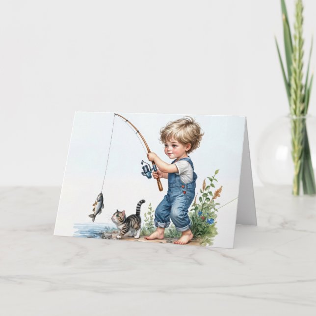Födelsedags Pojken Fisher Med Kittens Kort (Framsida)