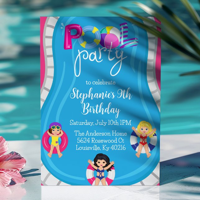 Födelsedags poolparty Rosa Flickor Sommar Inbjudningar (Skapare uppladdad)