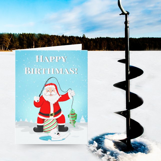 Födelsedags-Santa Isfiske Med Isbjörn Kort (Santa and a polar bear ice fishing: the perfect whimsical birthday card!)