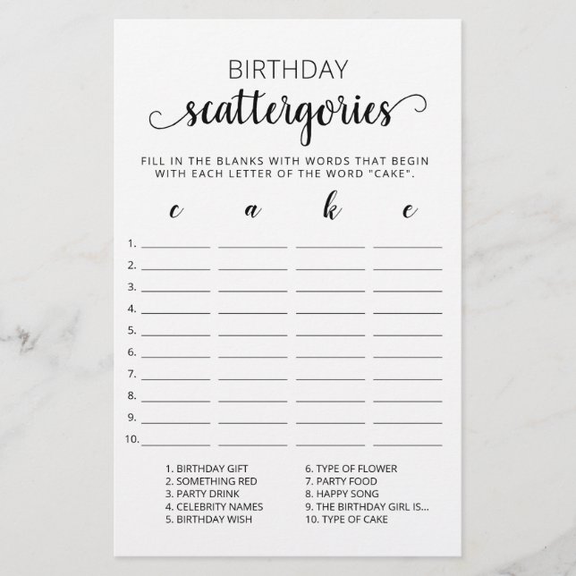 Födelsedags Scattergories redigerbart spel (Framsida)