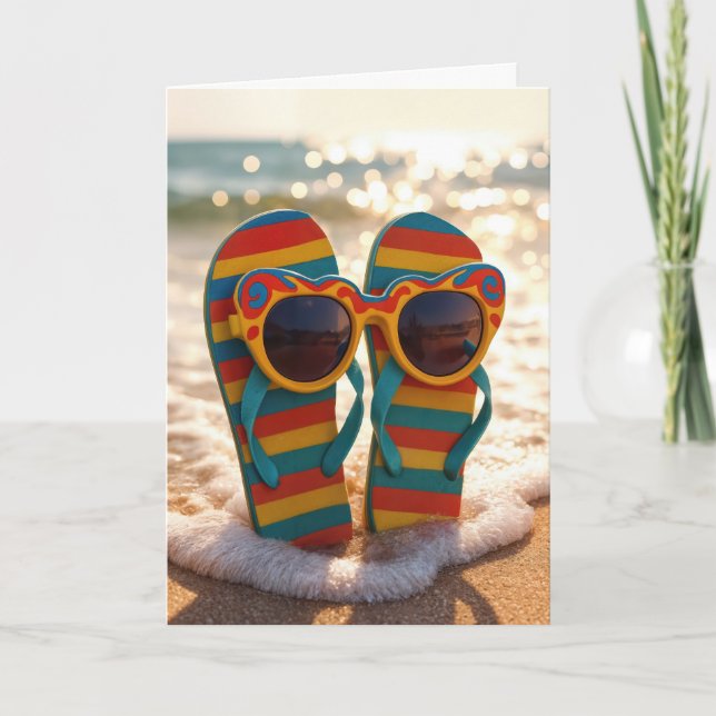 Födelsedags solglasögon på flip-flops i havets våg kort (Framsida)
