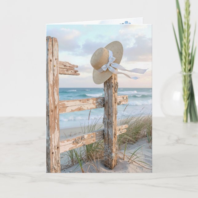Födelsedags solhatt på ett strandstaket kort (Framsida)