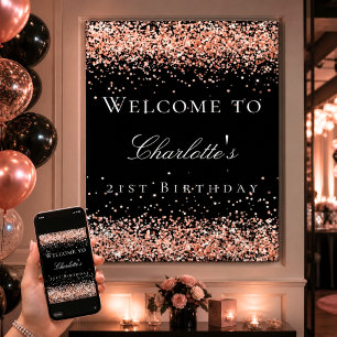 Födelsedags svart roséguld glitter välkommen poster